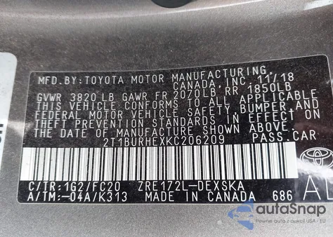 2019 Toyota Corolla Se from USA, damaged, VIN 2T1BURHEXKC206209